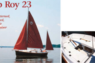 Even though the cockpit is 6 feet 6 inches long (right), the canoe stern, mizzen mast, inboard tiller, and outboard motor well gobble up space at an alarming rate. The deep cockpit is ideal for two. John Oney, facing page, ghosts along on Pennsylvania’s Pymatuning Reservoir in his 1986 Rob Roy 23.