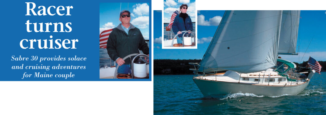 David Taft wears his usual grin while steering Solace, his Sabre 30. The Tafts frequently sail on Harpswell Sound, near their Maine home. David, a former racing sailor, enjoys Solace’s easy handling and speed under sail. Anne (at right) is comfortable at the helm of their Sabre 30. She also helps trim the sails, and it’s her job to pick up the mooring pendant.