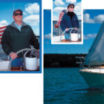 David Taft wears his usual grin while steering Solace, his Sabre 30. The Tafts frequently sail on Harpswell Sound, near their Maine home. David, a former racing sailor, enjoys Solace’s easy handling and speed under sail. Anne (at right) is comfortable at the helm of their Sabre 30. She also helps trim the sails, and it’s her job to pick up the mooring pendant.