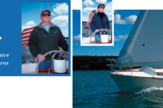 David Taft wears his usual grin while steering Solace, his Sabre 30. The Tafts frequently sail on Harpswell Sound, near their Maine home. David, a former racing sailor, enjoys Solace’s easy handling and speed under sail. Anne (at right) is comfortable at the helm of their Sabre 30. She also helps trim the sails, and it’s her job to pick up the mooring pendant.