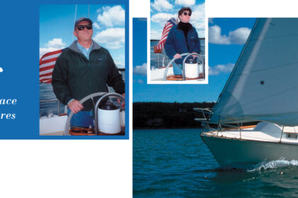 David Taft wears his usual grin while steering Solace, his Sabre 30. The Tafts frequently sail on Harpswell Sound, near their Maine home. David, a former racing sailor, enjoys Solace’s easy handling and speed under sail. Anne (at right) is comfortable at the helm of their Sabre 30. She also helps trim the sails, and it’s her job to pick up the mooring pendant.