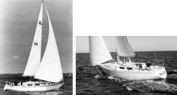 The Sabre 34, at left, was introduced in 1976. The Sabre 38, at right, followed in 1981. These two, along with the Sabre 42, were rated highest in their size range in Sailing World magazine’s Boat of the Year awards.