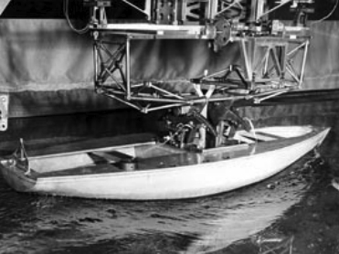 Tank testing the scale model of the Sabre 28 at the Stevens Institute of Technology in 1969.