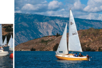 Rob Anderson leads the fleet at the mark, above. A San Juan 21 Mark II, on facing page, sails eastern Washington’s Lake Chelan with the Chelan Mountains as a backdrop.