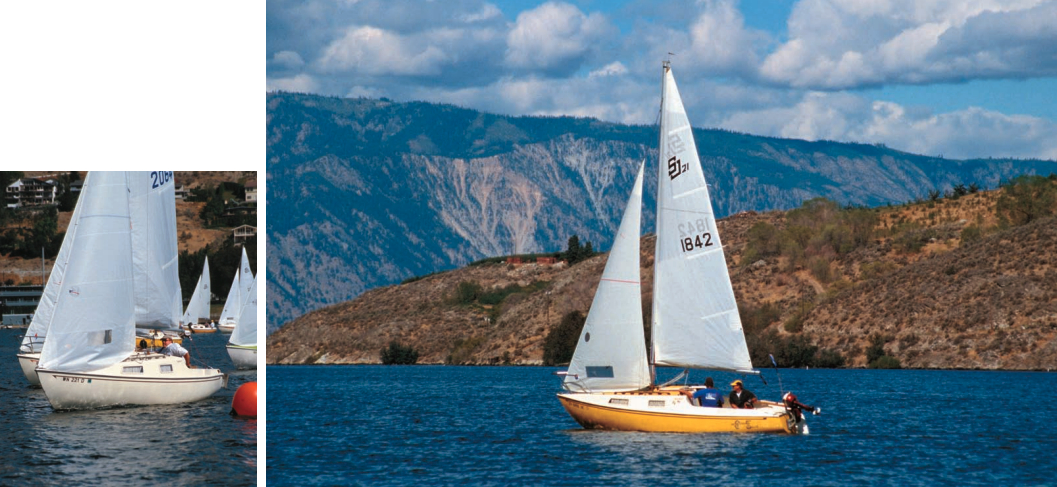 Rob Anderson leads the fleet at the mark, above. A San Juan 21 Mark II, on facing page, sails eastern Washington’s Lake Chelan with the Chelan Mountains as a backdrop.