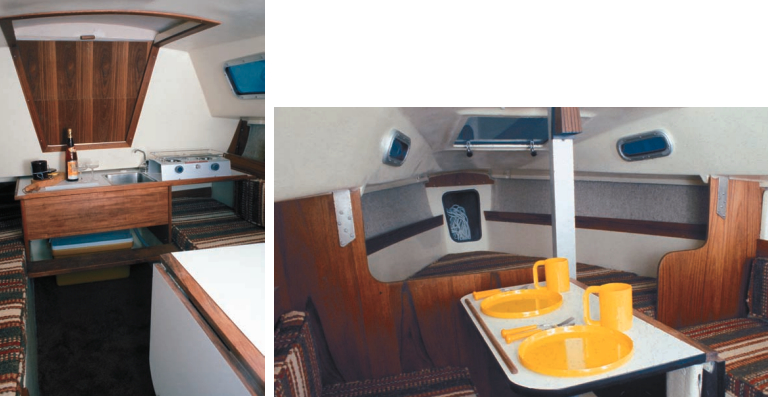 The interior of the San Juan 21 is simple, but adequate. The Mark II made a few improvements in belowdecks spaces over its predecessor. These historical photos, from Gene Adam’s collection, show weekend accommodations for a small family.