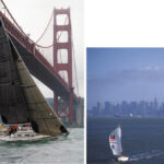 Flexible Flyer, above, owned by Leighton and Julie Quon, reminds drivers on San Francisco’s Golden Gate Bridge that they’d rather be sailing. Jeff Jamieson’s CAYankee, on facing page, enhances the view of the San Francisco skyline.