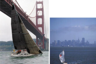 Flexible Flyer, above, owned by Leighton and Julie Quon, reminds drivers on San Francisco’s Golden Gate Bridge that they’d rather be sailing. Jeff Jamieson’s CAYankee, on facing page, enhances the view of the San Francisco skyline.
