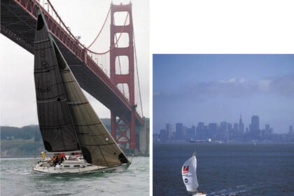 Flexible Flyer, above, owned by Leighton and Julie Quon, reminds drivers on San Francisco’s Golden Gate Bridge that they’d rather be sailing. Jeff Jamieson’s CAYankee, on facing page, enhances the view of the San Francisco skyline.