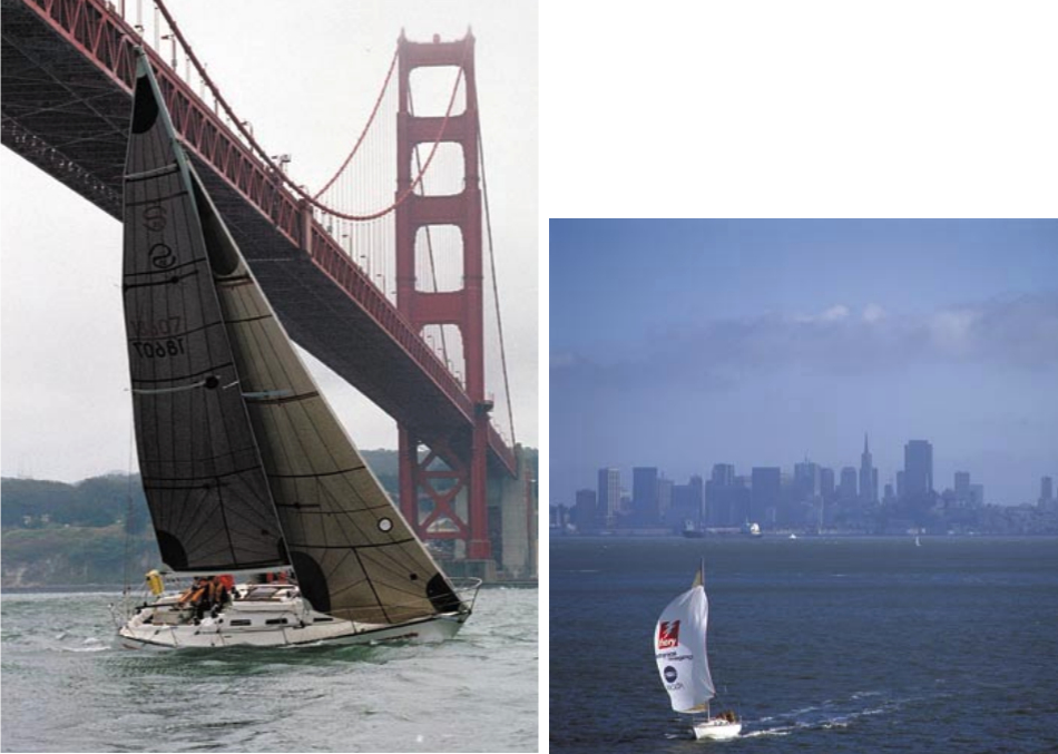 Flexible Flyer, above, owned by Leighton and Julie Quon, reminds drivers on San Francisco’s Golden Gate Bridge that they’d rather be sailing. Jeff Jamieson’s CAYankee, on facing page, enhances the view of the San Francisco skyline.
