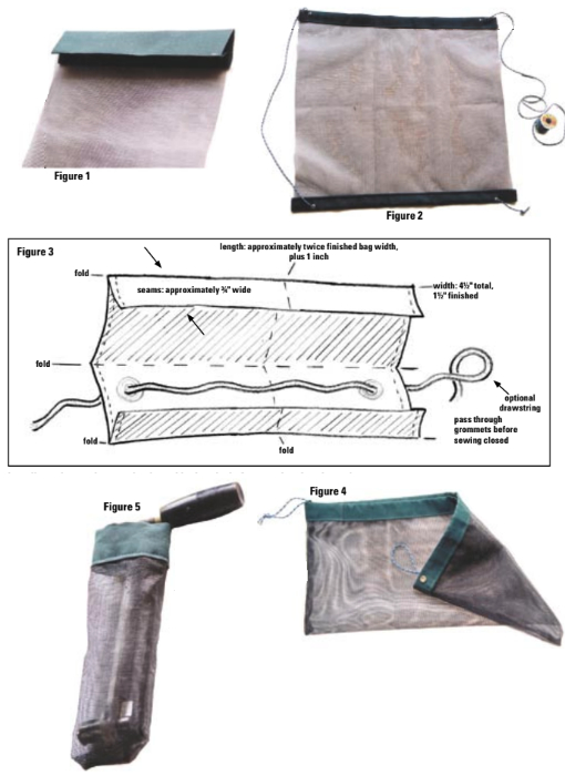 Making a screen bag is easy. Cut screen and trim (Figure 1). Install drawstring and grommets and sew the trim to the screen (Figures 2 and 3). Sew up the sides and enjoy the finished bag (Figures 4 and 5).