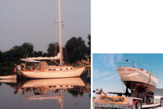 Crystal Vision, a Luders-designed Sea Sprite 34, at anchor on facing page, and on the road from Fort Wayne, Indiana, to her new home on the East Coast.