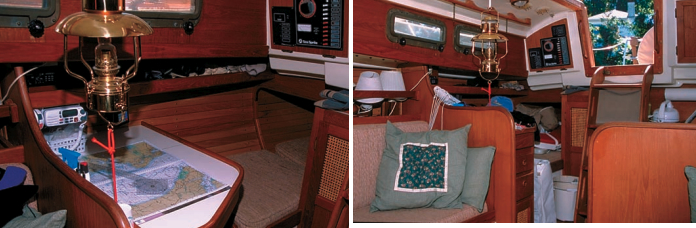 Belowdecks Crystal Vision shows off the complementary skills of Bruce and Nancy Worster with saw, sandpaper, and sewing machine.