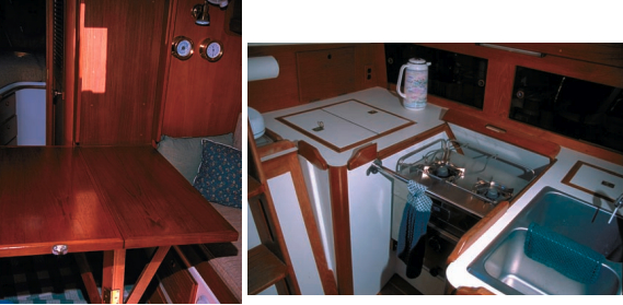 The Sea Sprite 34 offers a comfortable cabin with a seagoing galley and fold-down dining table. Evidence of the Worsters’ fine workmanship is everywhere on hull #13. This is an owner-completion boat worthy of pride by hull manufacturer C. E. Ryder.