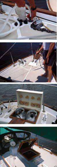 Don recently installed a water washdown system, above. His custom-designed propane storage area in the lazarette, below, and the overhead hatch he built and installed, at bottom.
