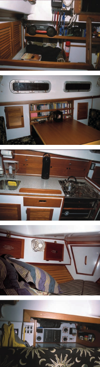 Inside Richard Cory, the work is so good only another Seawind owner will recognize the modifications. From top at left: the quarterberth, the modified dining area, the revised galley, the new ash strip hull liner in the V-berth, the electrical panel and cooler.