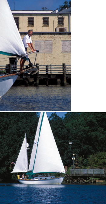 Sailor and author Don Casey aboard his Allied Seawind 30 Richard Cory, at top left, in Georgetown, South Carolina. Olga’s at the helm, above. Don manages sail trim.
