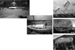 Serena, on the shore, facing page. This page top, gouged topsides; center, reconstruction begins; bottom, gelcoating.