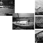 Serena, on the shore, facing page. This page top, gouged topsides; center, reconstruction begins; bottom, gelcoating.