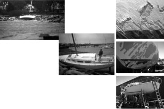 Serena, on the shore, facing page. This page top, gouged topsides; center, reconstruction begins; bottom, gelcoating.