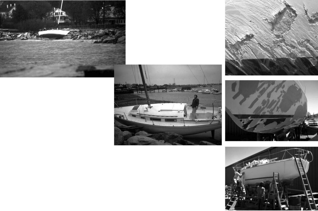 Serena, on the shore, facing page. This page top, gouged topsides; center, reconstruction begins; bottom, gelcoating.