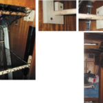 Netting, threaded onto dowels and suspended in the hanging locker, above, creates useful shelves in a cavernous locker that had been convenient primarily for storing extra crewmembers, such as author Guy Stevens, at right. The shelves are removable using Guy’s bracket system, above right.