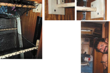 Netting, threaded onto dowels and suspended in the hanging locker, above, creates useful shelves in a cavernous locker that had been convenient primarily for storing extra crewmembers, such as author Guy Stevens, at right. The shelves are removable using Guy’s bracket system, above right.
