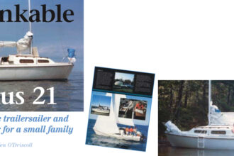Author Ken O’Driscoll and his wife, Pat, spent many happy hours sailing their Sirius 21, Fineen, at left and on facing page, on Lake Huron’s Georgian Bay and North Channel. They owned the boat for two years before moving on to a C&C 30 and finally to a Niagara 35. Ken notes that, thanks to the swing keel, he was standing in waist-deep water when he shot the photo at left. A copy of the original sales brochure, below.
