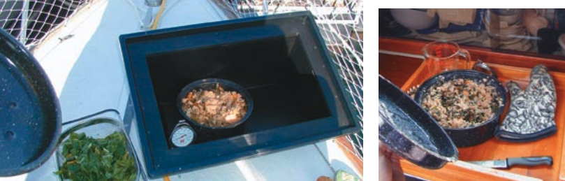 The colorful bulgur with greens and cheese, shown at left and on Page 54, cooks on the bow of Isle of Skye, an Islander 30 owned by Heather and Jeff Ilse.