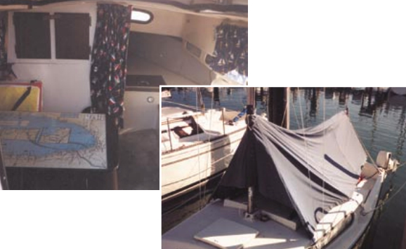 The interior has a 6-foot V-berth and a Porta Potti, both curtained off. Cabin headroom is 4 feet 7 inches. The interior of Family Fun shows off the personal touch of Diane Martling. Wayne designed the cockpit cover, which doubles as a sunshade.
