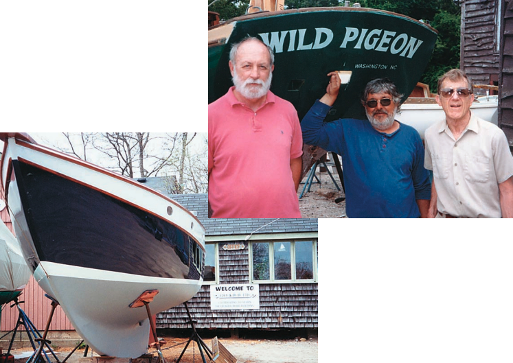 Wild Pigeon (hull #1, shown with Edey & Duff crew Joe Keogh, David Davignon, and Peter Duff, above) begins her transformation at the Edey & Duff yard. At left, with a new paint job, running rigging, and plenty of TLC, hull #1 has become Naomh Sean.