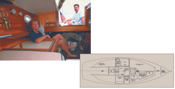 Belowdecks on Starlight with Linda Bates, above, and the Stone Horse accommodation plan, at right.