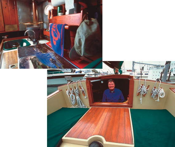 An orignial cast-iron cabin heater is a prized addition to Naomh Sean, at top. Bill McBrine, above. Conveniently, the engine can be accessed through the hatch just in front of the companionway hatch. True to its workboat origins, the hatch in the original wooden Stone Horse was probably designed to be used as access for a fish hold.