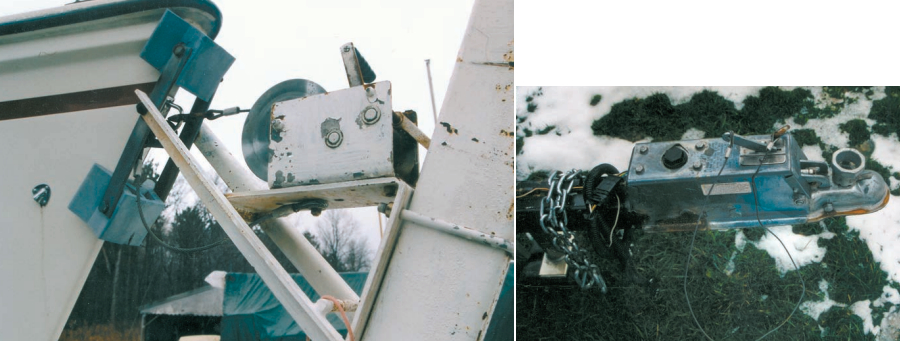 Don’t trust your boat’s security solely to the winch’s anti-reverse mechanism. Use a short length of chain or cable to secure the bow eye to the winch’s base, this page. Example of screw-type coupler, facing page. Note the emergency breakaway cable. Make sure that this cable is shorter than the safety chains. Should the trailer accidentally separate from the tow vehicle, this cable will automatically set the trailer brakes.