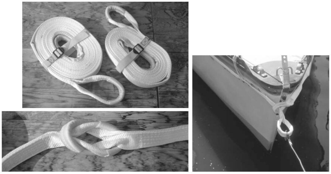 Two heavy-duty vehicle recovery straps, top left, when looped together, lower left, become a boat-retrieval belt, right, with a rated capacity of 18,000 pounds.