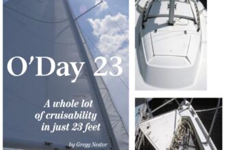 A lot of boat in 23 feet, the O’Day 23 was one of the first pocket cruisers to offer 5-foot headroom below. The flush-mounted forward hatch, top right, and the anchor locker, lower right, are additional thoughtful features.