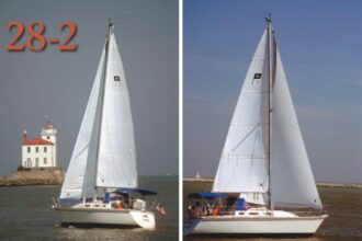 Volantis, a Pearson 28-2 owned by Bill Barnwell, graces Lake Erie’s Fairport Harbor Light.