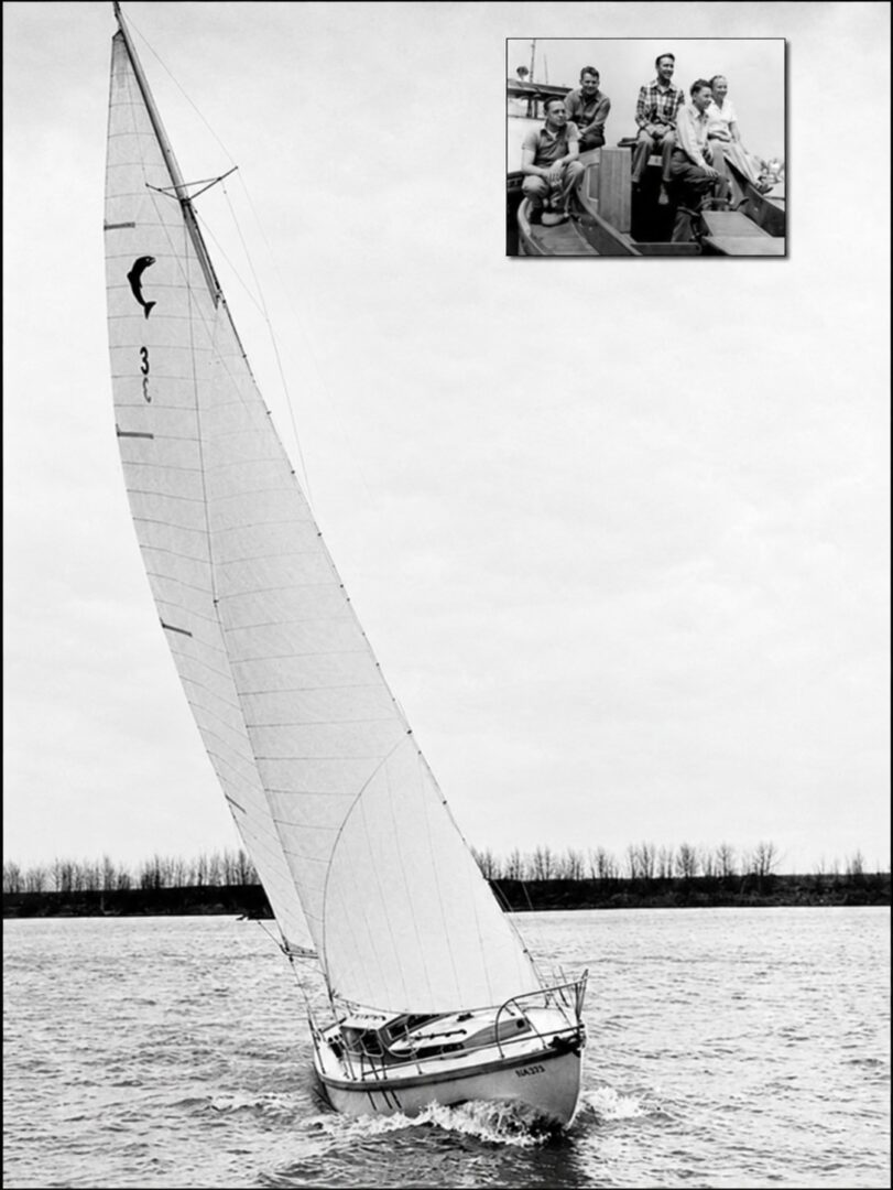 Chinook No. 3, Tamara, owned by Tom Green, on the Columbia River near Portland, Oregon, circa 1956. Inset, Five satisfied boatbuilders: Henry Morton, Jarvis Gould, Wade Cornwell, Merle Starr, and Tom Green.