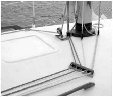 Homer’s lines lead aft through a deck organizer. The starboard group, in order from the top, includes the second reefing line, the first reefing line, the topping lift, and the main halyard.