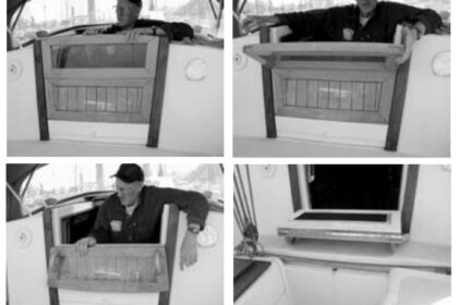 Inspired by a fold-up airplane hangar door, Vern Allen created folding hatchboards. When the hatch is open, the boards present no storage problem since the resulting “step” is sturdy enough to sit or step on.