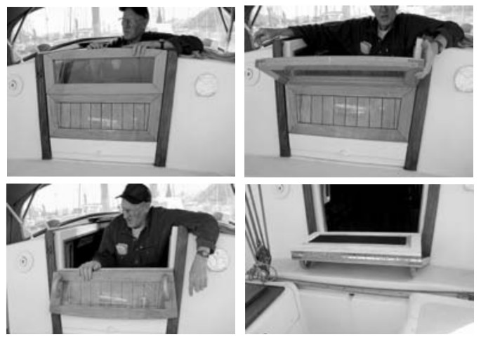 Inspired by a fold-up airplane hangar door, Vern Allen created folding hatchboards. When the hatch is open, the boards present no storage problem since the resulting “step” is sturdy enough to sit or step on.
