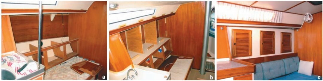 The pilot berth is removed in favor of more space, at left. A new shelf is created and cabinet dividers installed, center. The finished settee and storage cabinet, at right.