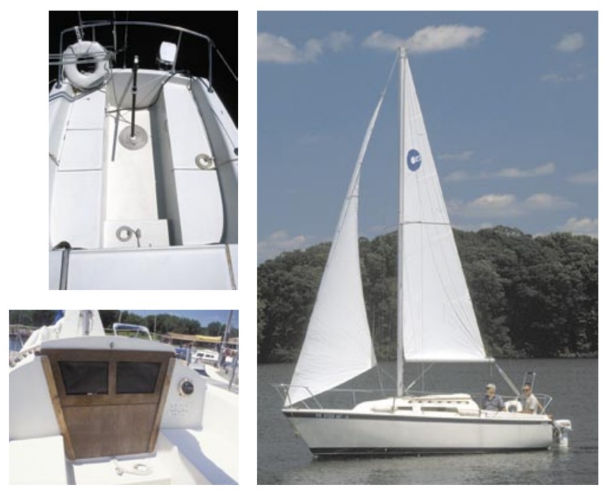The cockpit, top left, is a roomy 6 feet 3 inches long, and the wide companionway, lower left, leads to a relatively roomy interior. Pelican, owned by Joe and Mary Ann Smith, spends her summers sailing on Pymatuning Lake on the border of Ohio and Pennsylvania, at right.