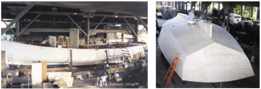 Soleares under construction. The projection forward of the wheelhouse is the top of the daggerboard. Note the case’s original length in photo at left before it was trimmed 2 feet to cabintop height.