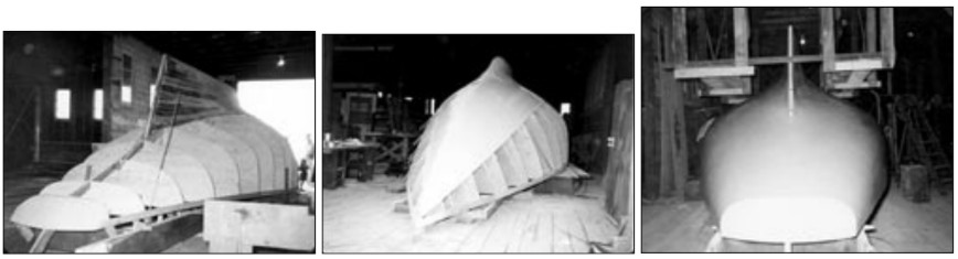 Building the plug for the mold of the Chinook, 1955, left and center. The finished plug, at right.