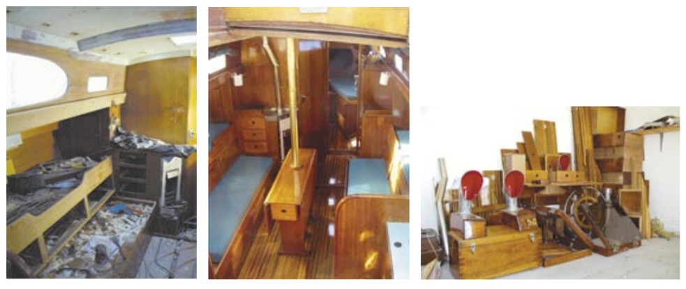 Author Tom Young brought a water-damaged and mildewed interior, at left, back to a sunny and gleaming haven, center. He saw the quality woods and craftsmanship there and was not dissuaded by the project that lay ahead of him. He went at the project one step at a time, he says, taking great pleasure in building the pile of varnished parts, right, ready for re-installation in the spring. His goal through the entire project was to keep Christmas on the water and sailing each summer.