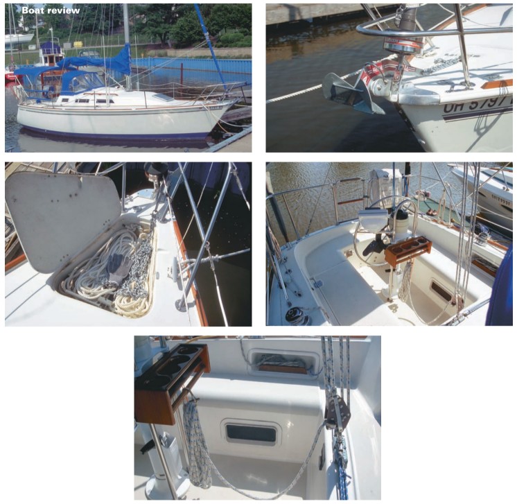 Pearson 28-2 at the dock, top left. Stemhead fitting with integral anchor roller, top right. Anchor locker, bottom left. The Pearson 28-2’s cockpit, bottom right. Aft cabin cockpit portlight, bottom center.