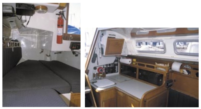 The Ericson 29 has a usable and roomy interior with a large starboard quarter berth, at left. Unfortunately, the galley, at right, lacks an oven and permanent range.