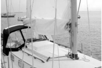 The reefed mainsail on Homer Shannon’s Bristol 29.9, Cinderella.