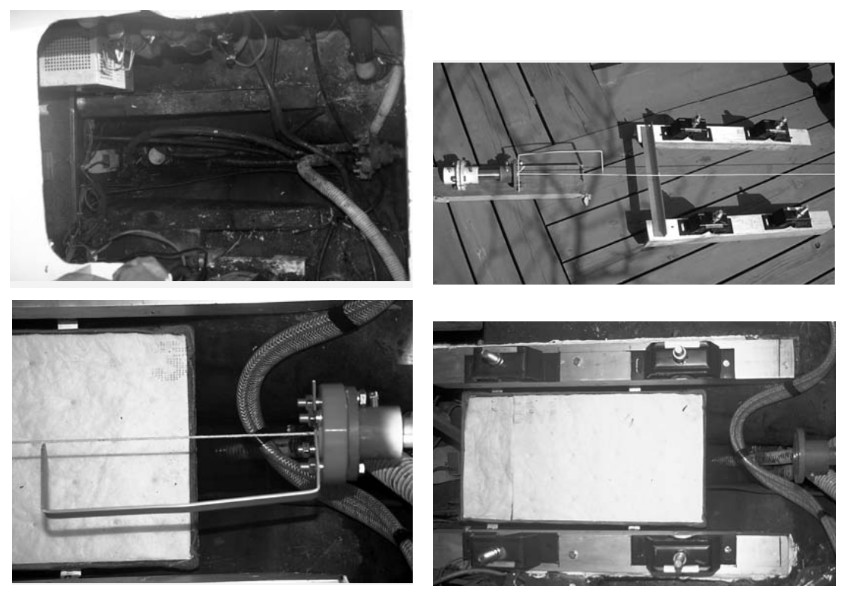 After the messy disassembly of all the connections to the old diesel, the dirty engine compartment is ready for a good scrub before work begins on the beds for the new engine, top left. I do a mock-up of the engine-bed alignment procedure on the deck of our home, to right. A new engine bed is established, using 3⁄8-inch-thick, 3-inch by 3-inch marine-grade aluminum angle. A new oil drip-pan has been constructed of fiberglass, with an Oil-Zorb insert, and the level and alignment of the new beds is checked before they are fastened in place, lower left. Engine mounts are placed in position and bolted down, lower right.